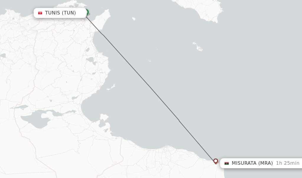 Flights from Tunis to Misurata route map