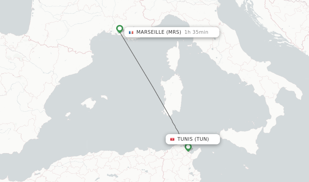 Flights from Tunis to Marseille route map