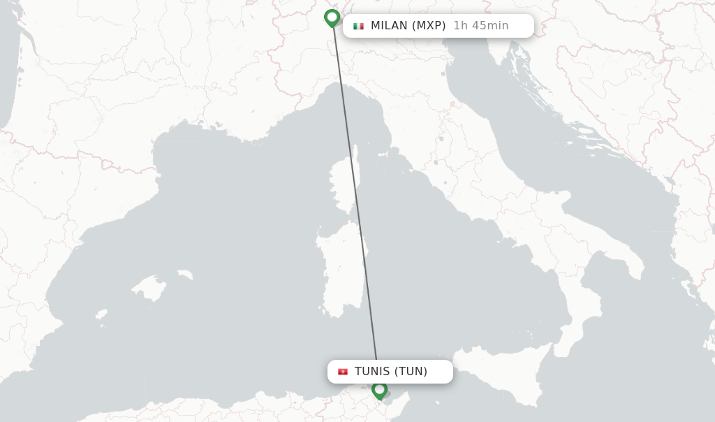 Flights from Tunis to Milan route map