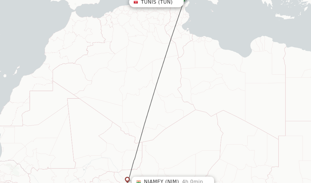 Flights from Tunis to Niamey route map