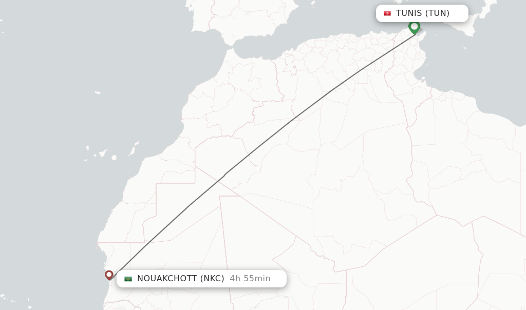 Flights from Tunis to Nouakchott route map