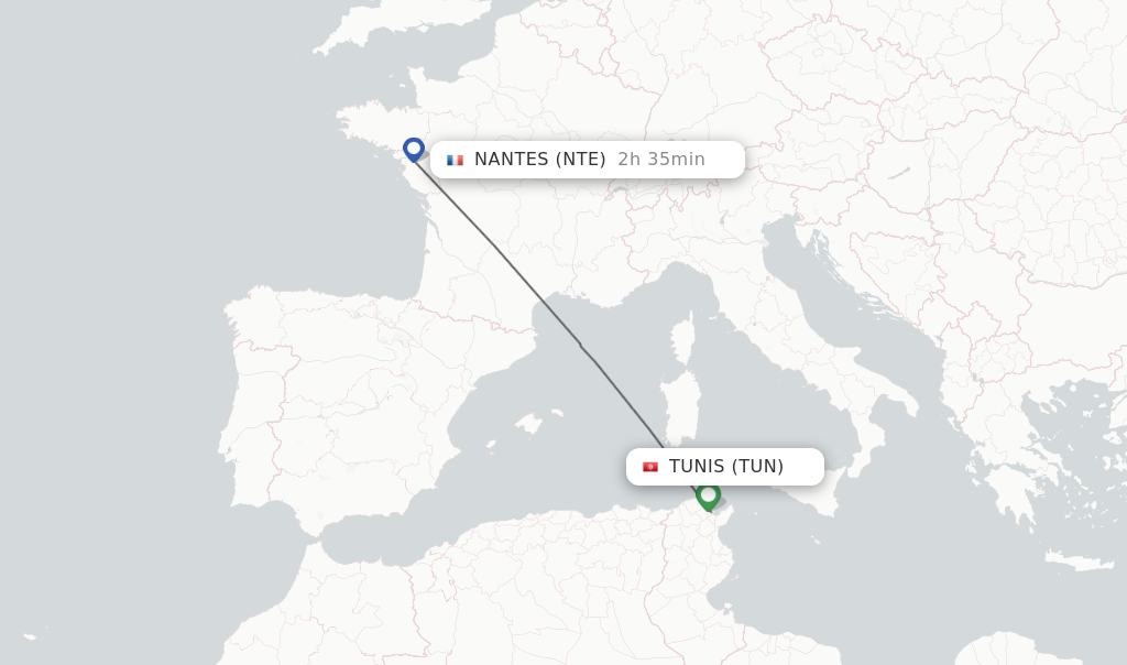 Flights from Tunis to Nantes route map