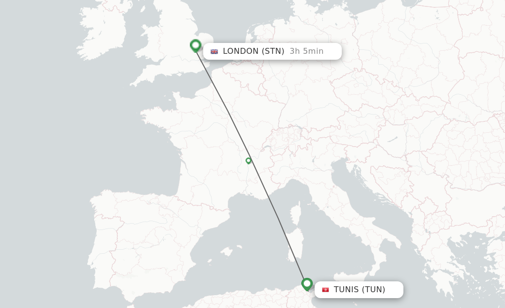 Flights from Tunis to London route map