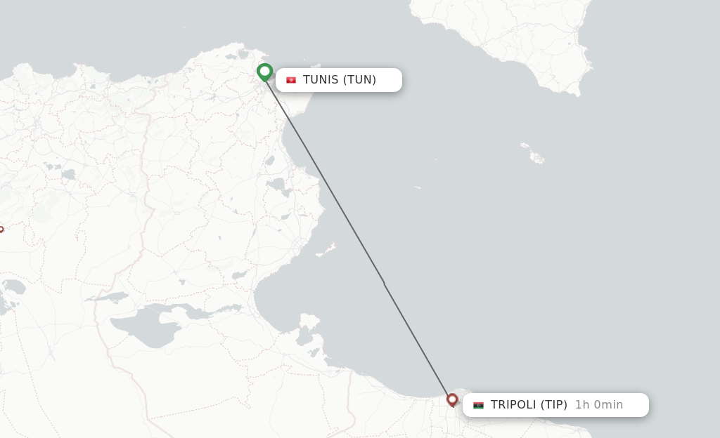 Flights from Tunis to Tripoli route map