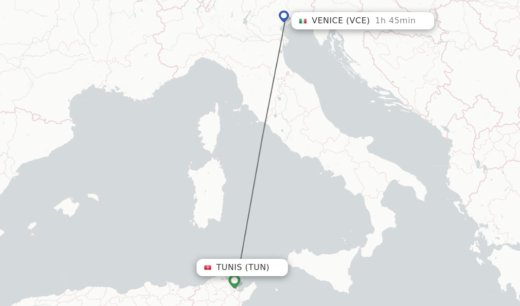 Flights from Tunis to Venice route map