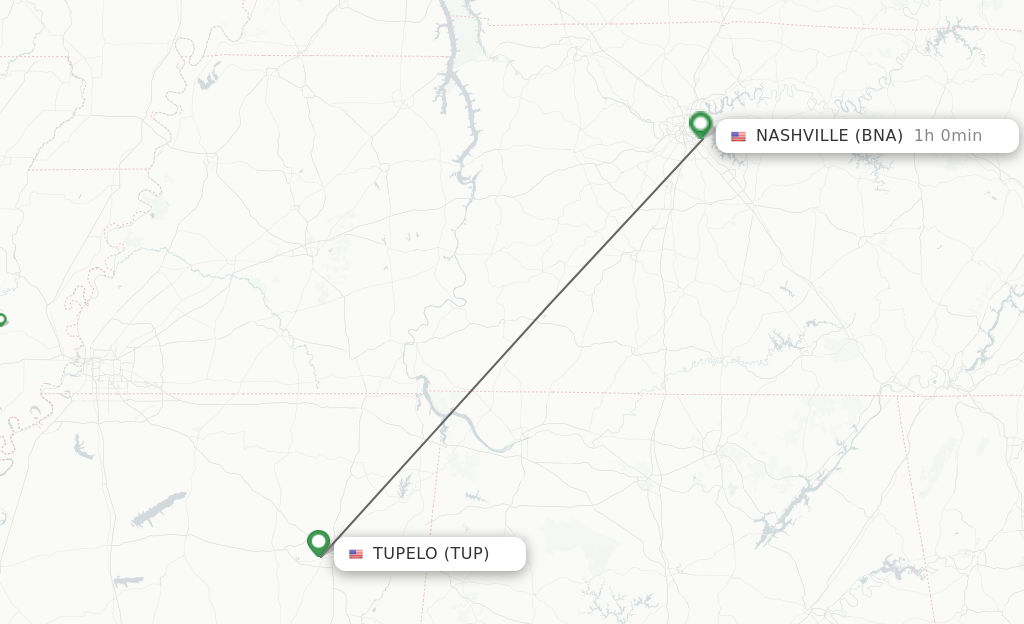 Flights from Tupelo to Nashville route map