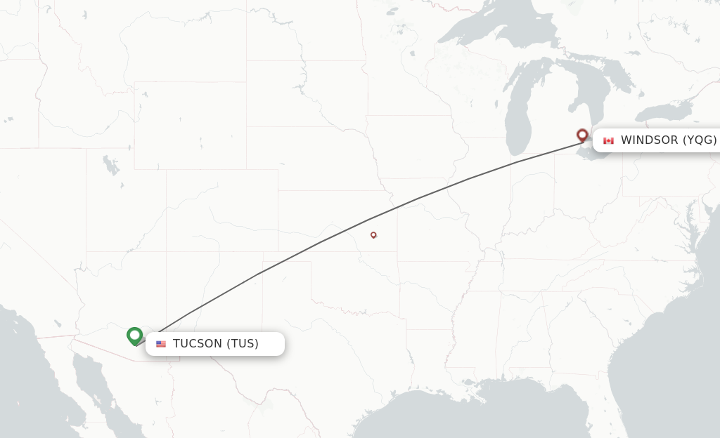 Flights from Tucson to Windsor route map
