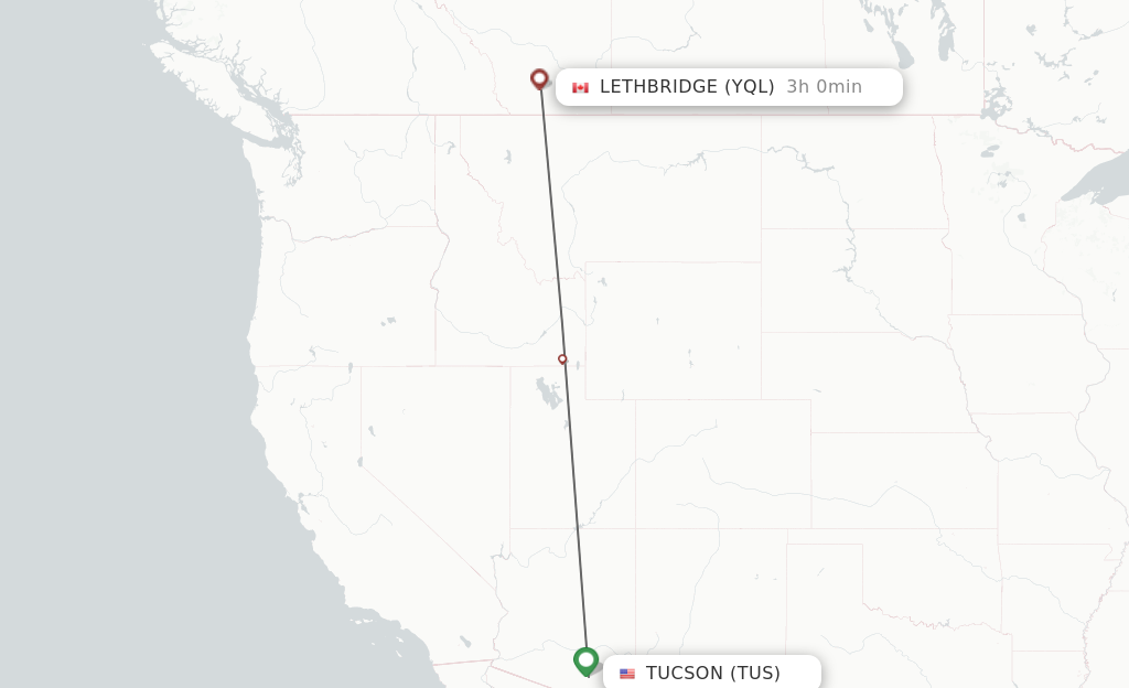 Flights from Tucson to Lethbridge route map