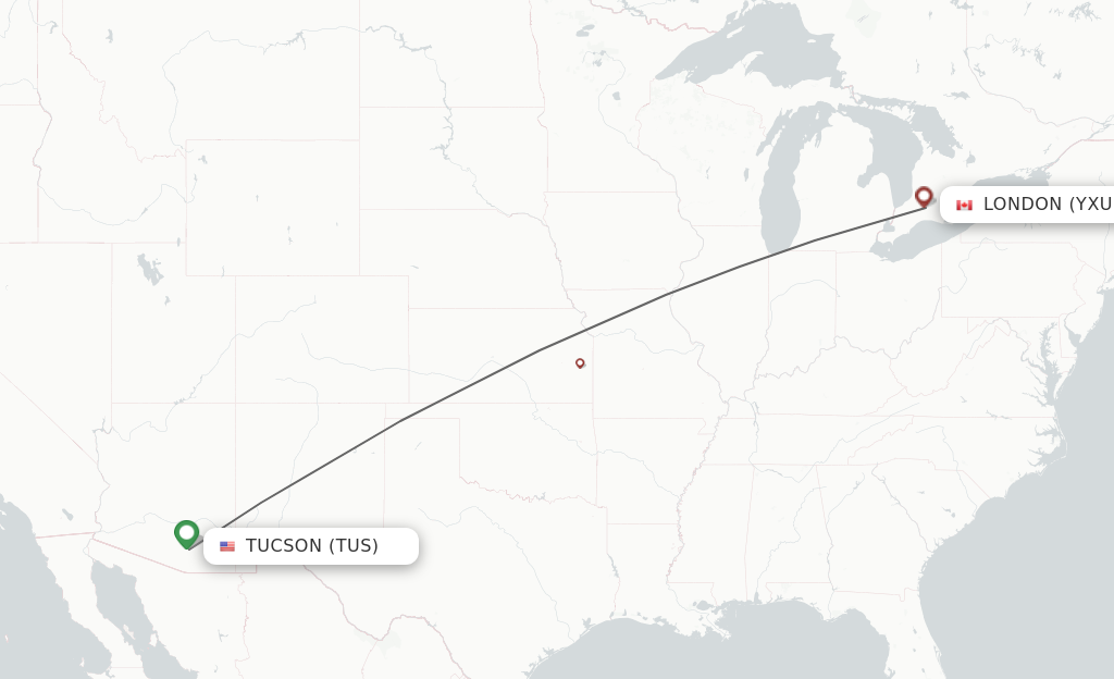 Flights from Tucson to London route map