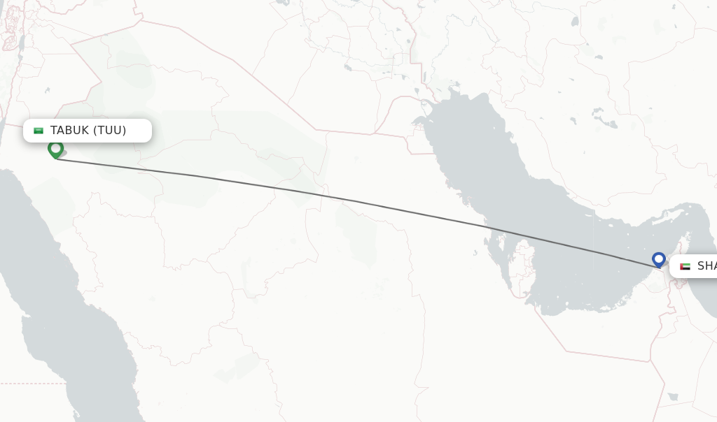 Flights from Tabuk to Sharjah route map