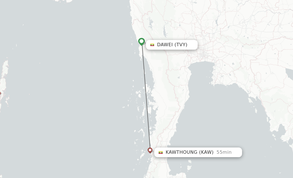 Flights from Dawe to Kawthaung route map