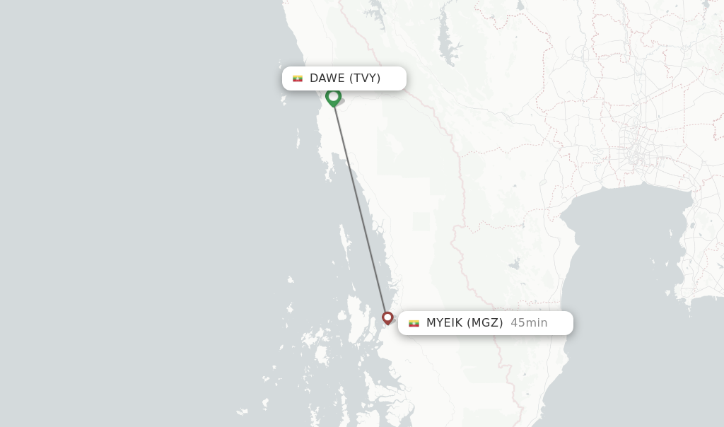 Flights from Dawe to Myeik route map
