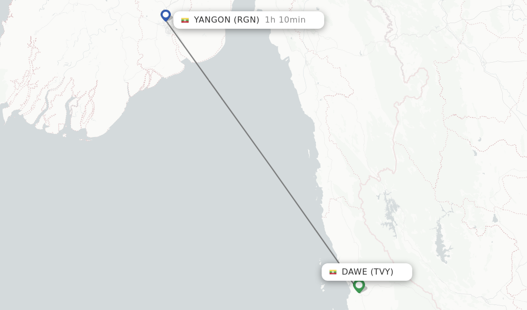 Flights from Dawe to Yangon route map