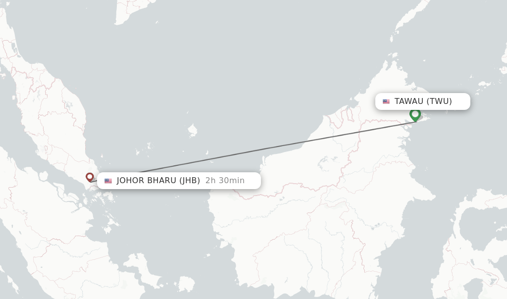 Flights from Tawau to Johor Bharu route map