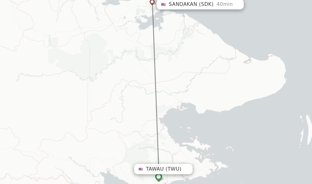 Flights from Tawau to Sandakan route map