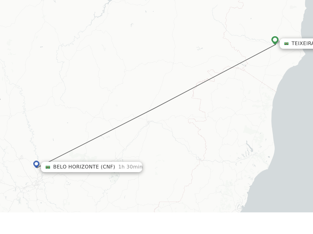 Flights from Teixeira de Freitas to Belo Horizonte route map