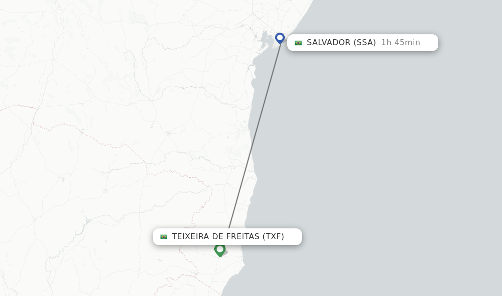 Flights from Teixeira de Freitas to Salvador route map