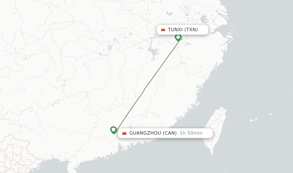 Flights from Tunxi to Guangzhou route map