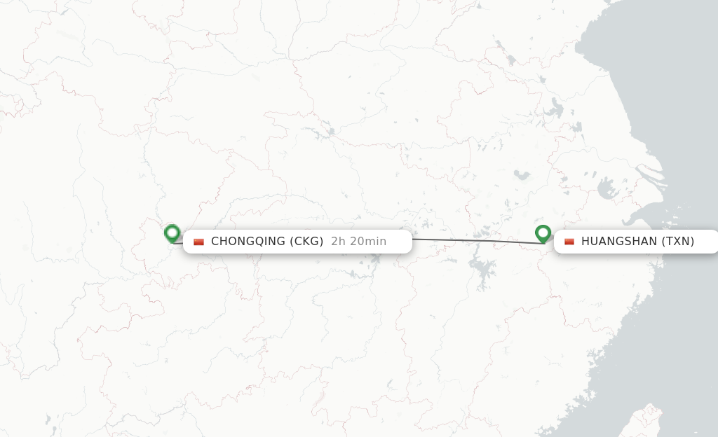 Flights from Tunxi to Chongqing route map