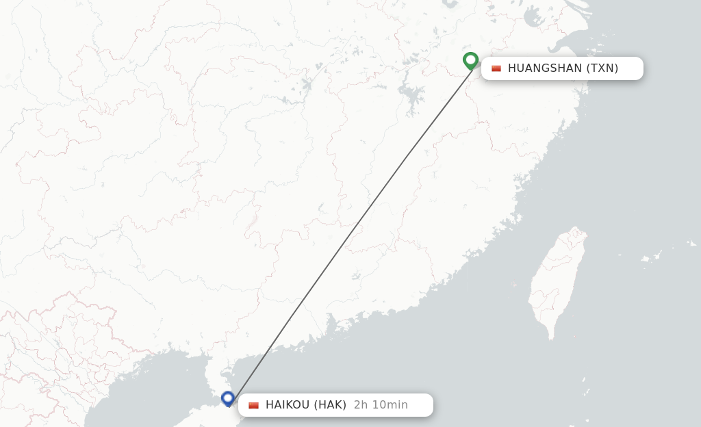 Flights from Tunxi to Haikou route map