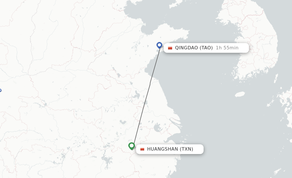 Flights from Tunxi to Qingdao route map