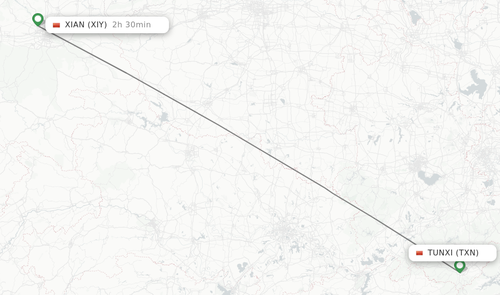 Flights from Tunxi to Xian route map
