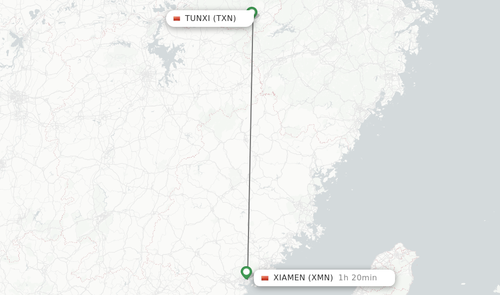 Flights from Tunxi to Xiamen route map