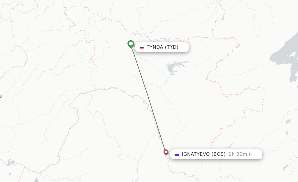 Flights from Tynda to Blagoveschensk route map