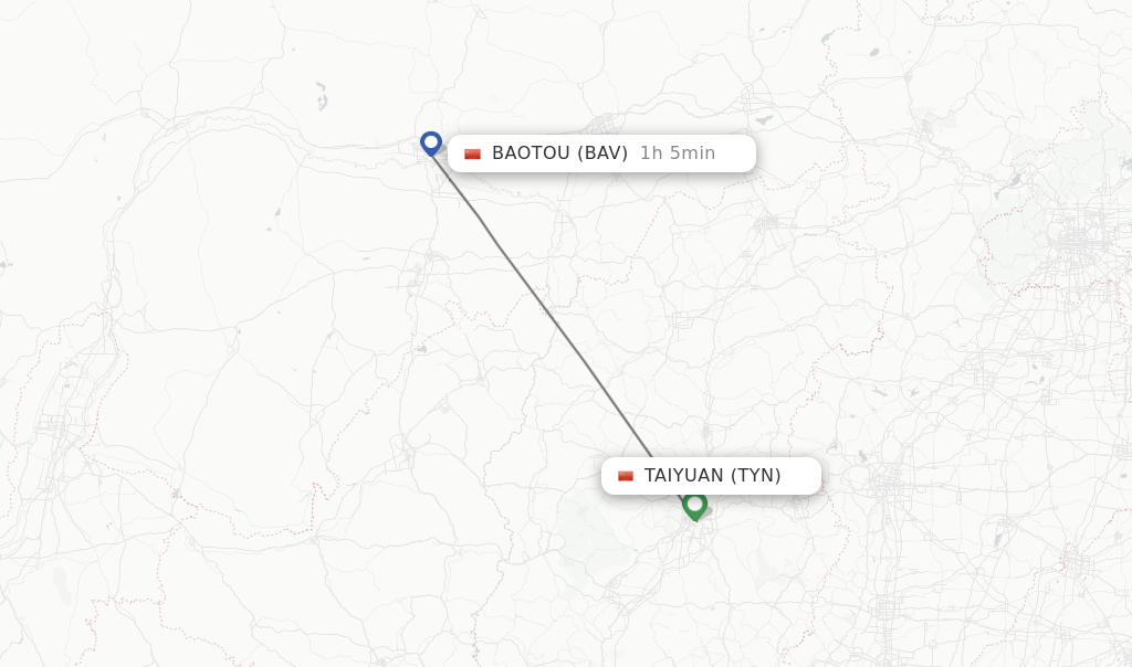 Flights from Taiyuan to Baotou route map
