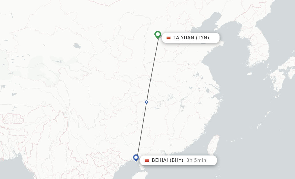Flights from Taiyuan to Beihai route map
