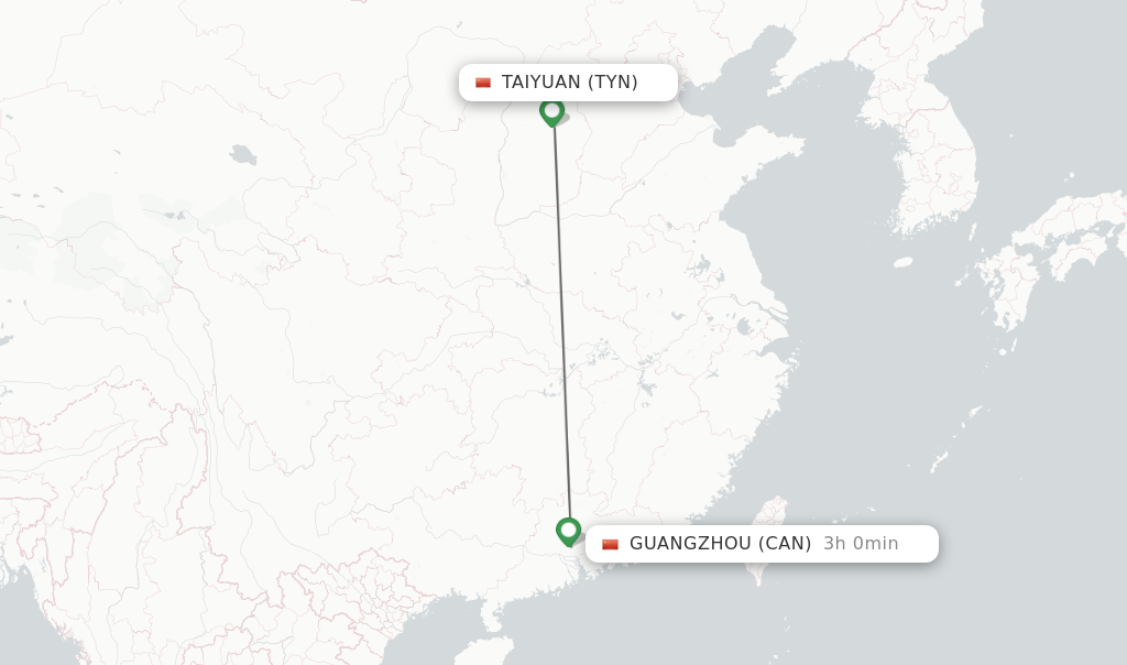 Flights from Taiyuan to Guangzhou route map