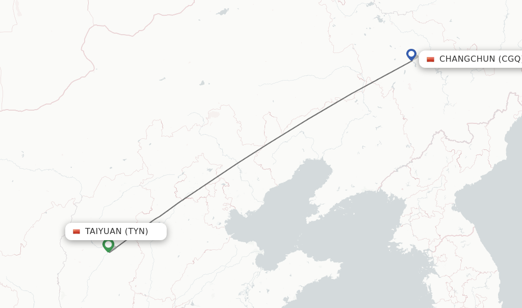 Flights from Taiyuan to Changchun route map