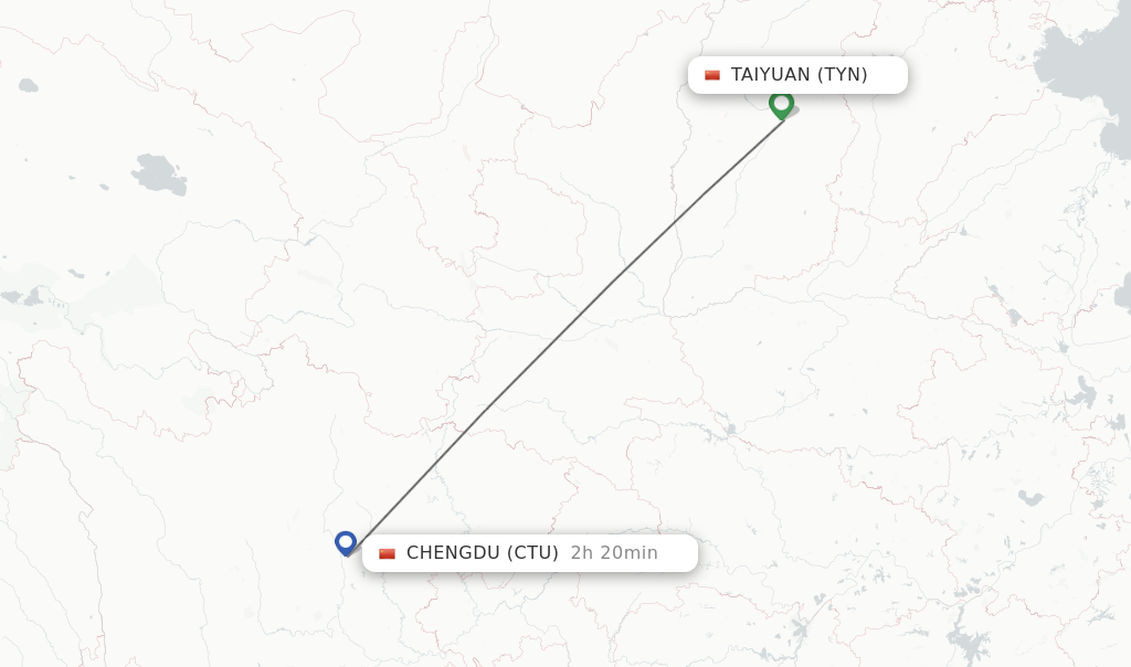 Flights from Taiyuan to Chengdu route map