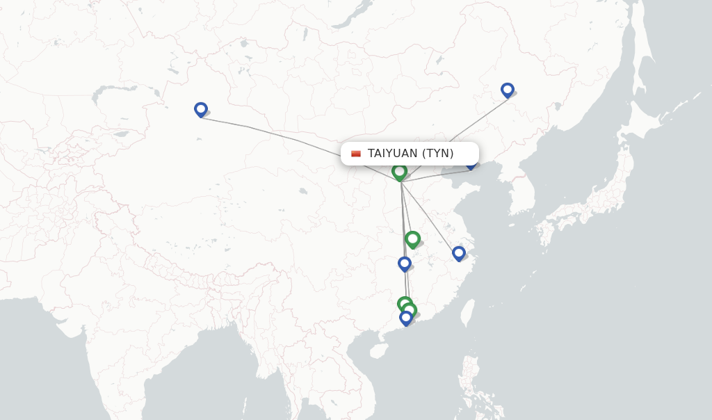 Route map with flights from Taiyuan with China Southern