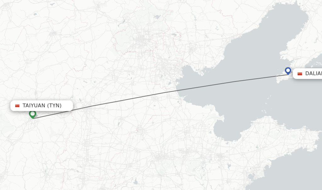 Flights from Taiyuan to Dalian route map