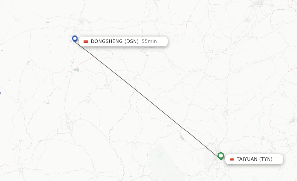 Flights from Taiyuan to Dongsheng route map