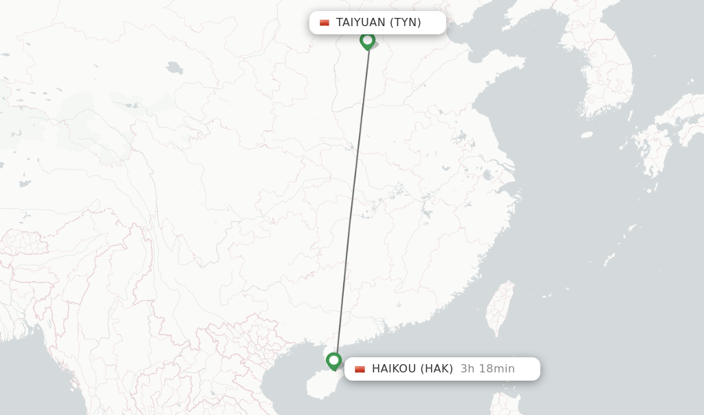 Flights from Taiyuan to Haikou route map