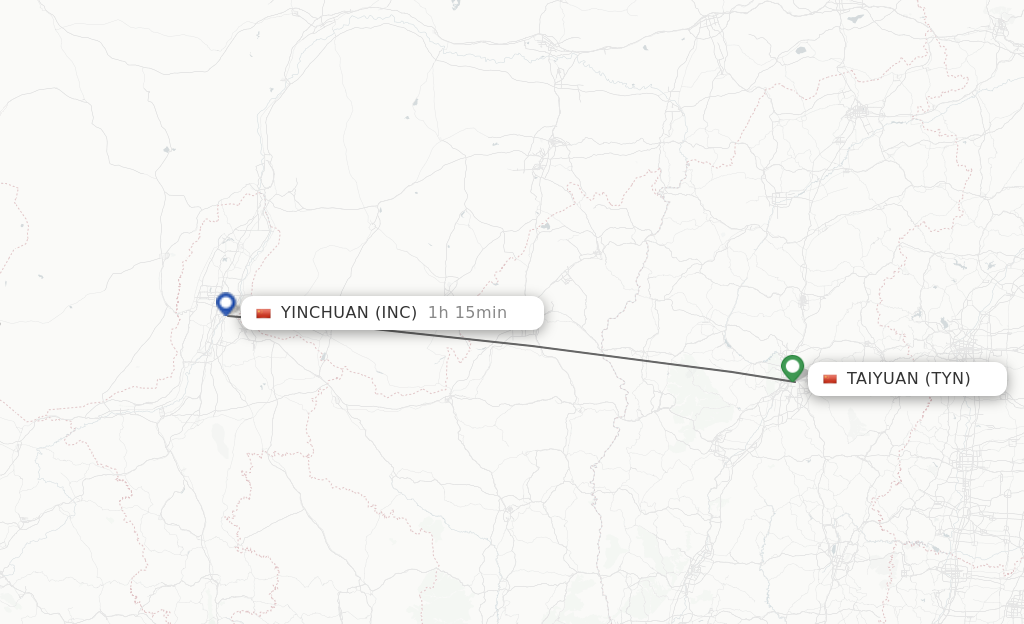 Flights from Taiyuan to Yinchuan route map