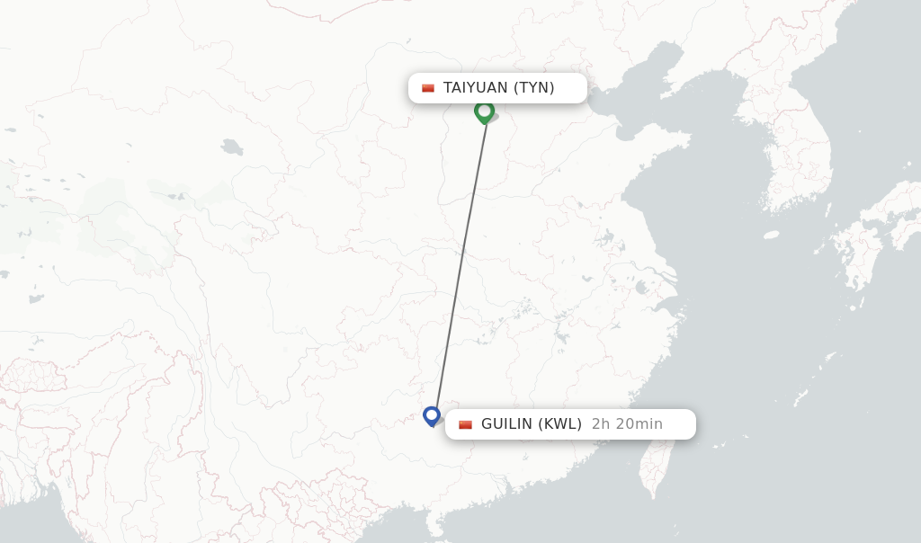 Flights from Taiyuan to Guilin route map