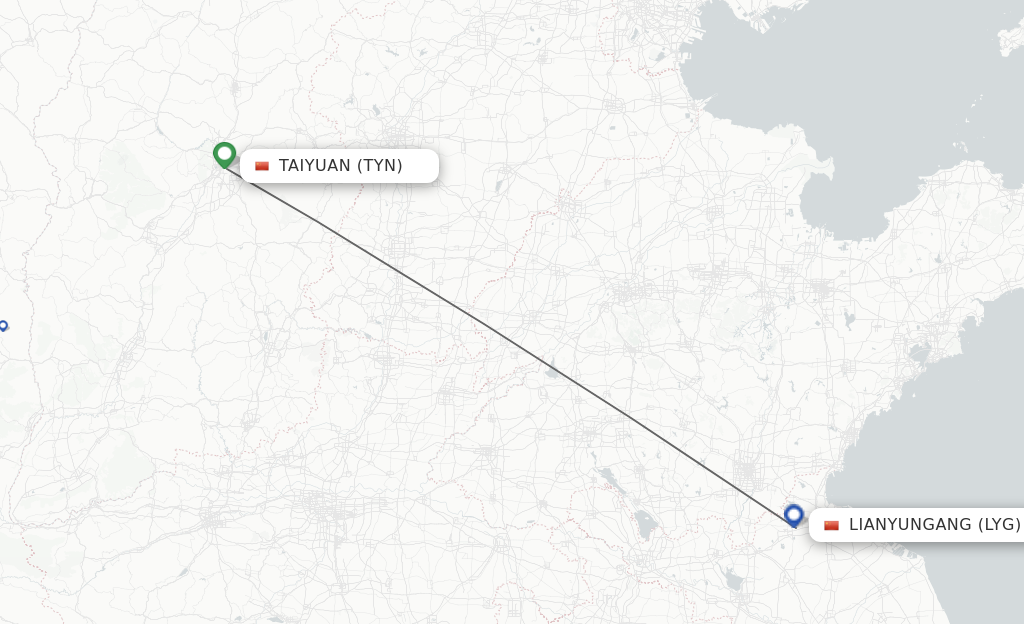 Flights from Taiyuan to Lianyungang route map
