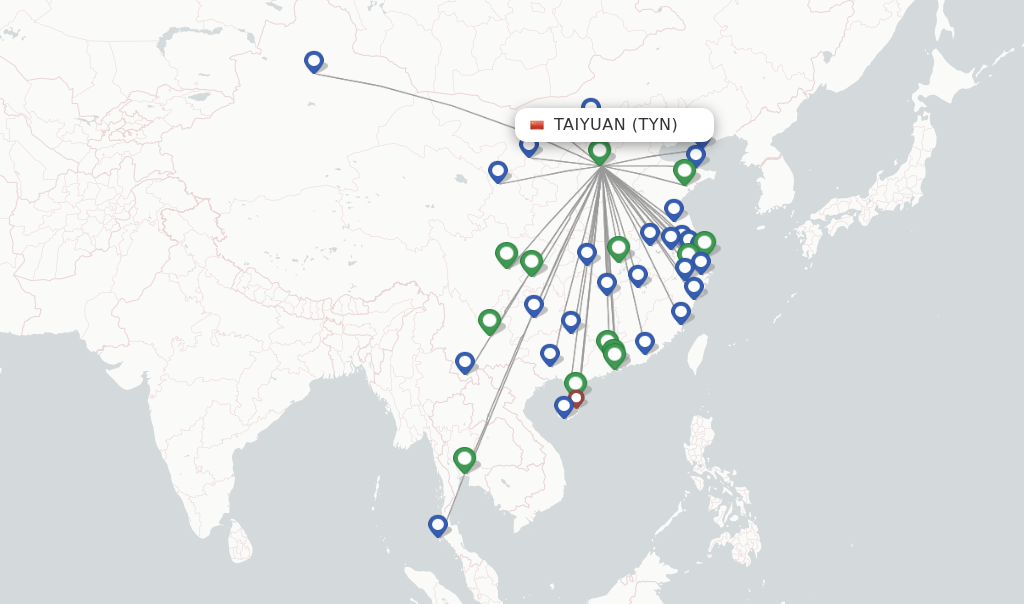 Route map with flights from Taiyuan with China Eastern
