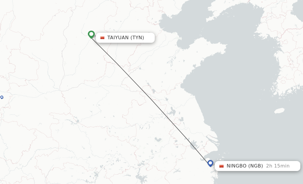 Flights from Taiyuan to Ningbo route map
