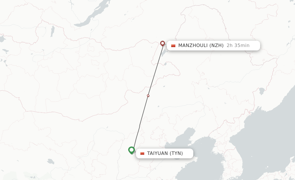 Flights from Taiyuan to Manzhouli route map