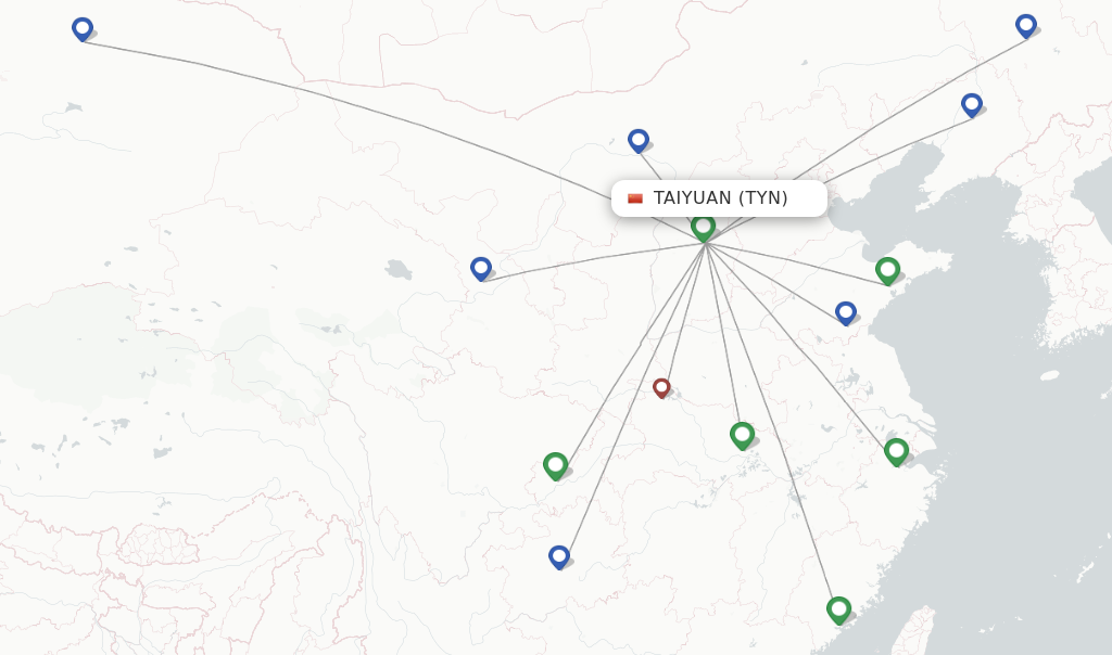 Route map with flights from Taiyuan with Shandong Airlines
