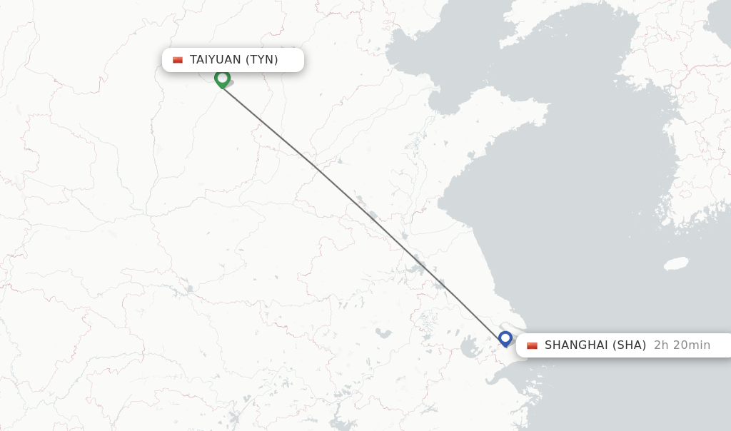 Flights from Taiyuan to Shanghai route map