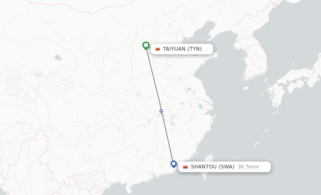 Flights from Taiyuan to Jieyang route map