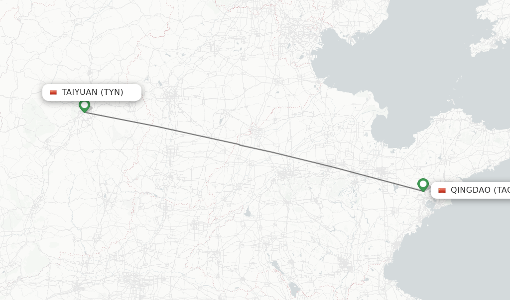 Flights from Taiyuan to Qingdao route map