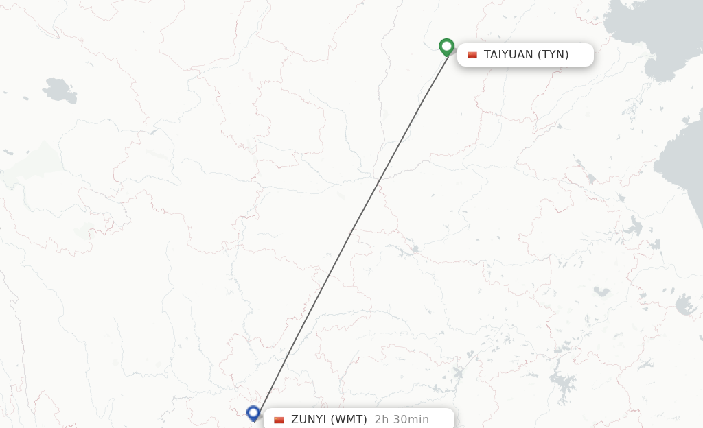 Flights from Taiyuan to Zunyi route map
