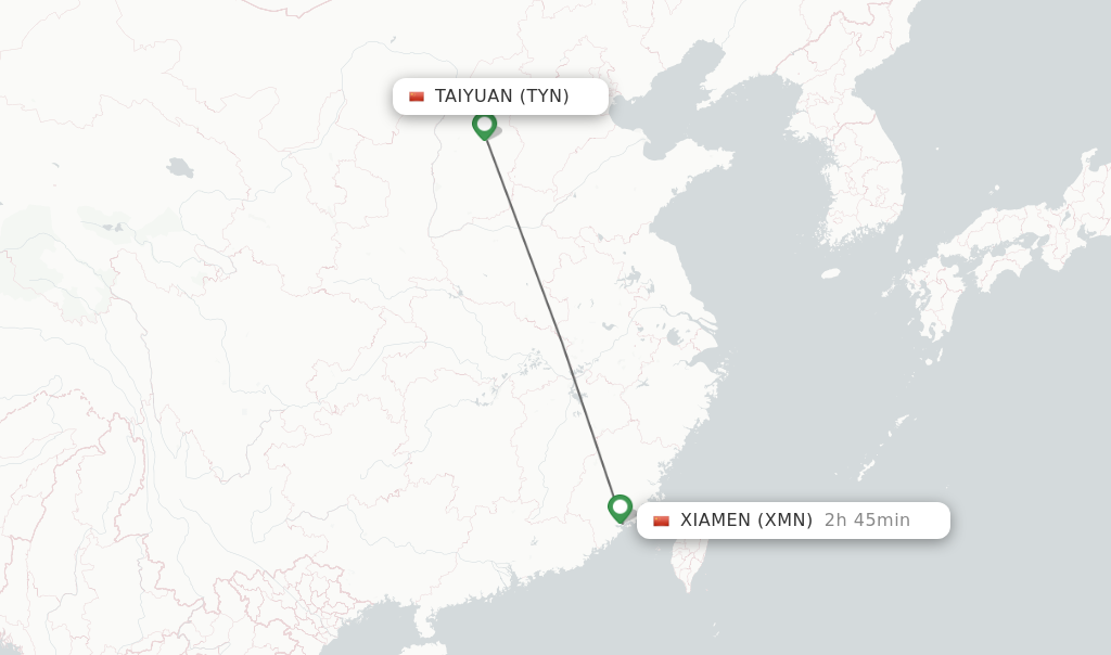 Flights from Taiyuan to Xiamen route map