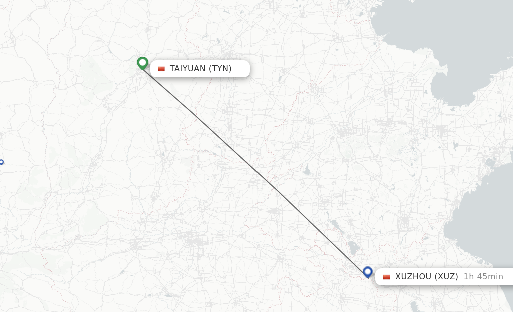 Flights from Taiyuan to Xuzhou route map